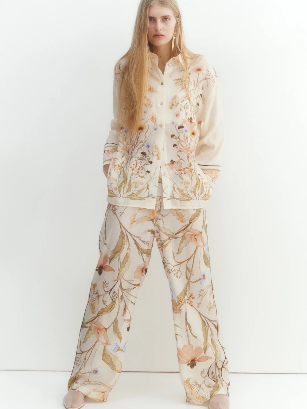 H&M Cream Floral Wide-Leg Pants and Top